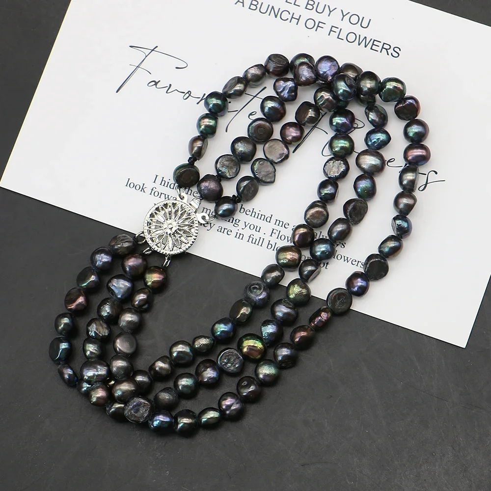 Natural Irregular Shape Dyed Peacock Black Edison Three-row Button Multi-layer Pearl Bracelet Jewelry Decoration Party Gift