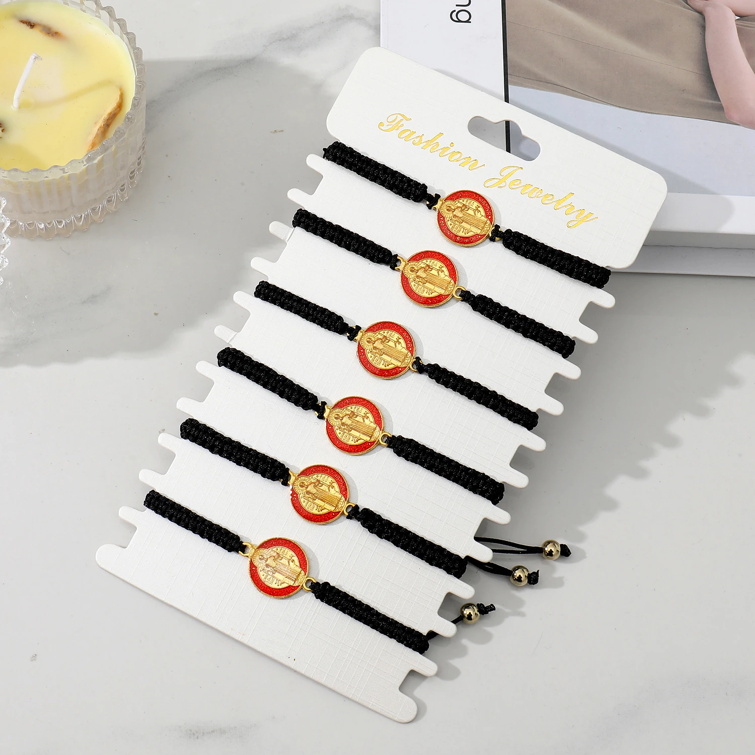 6 قطعة سان بينيتو أساور الأسود حبل الحبل قابل للتعديل سوار ضعف الجانب سانت بينديكت ميدالية قلادة الصلاة أساور