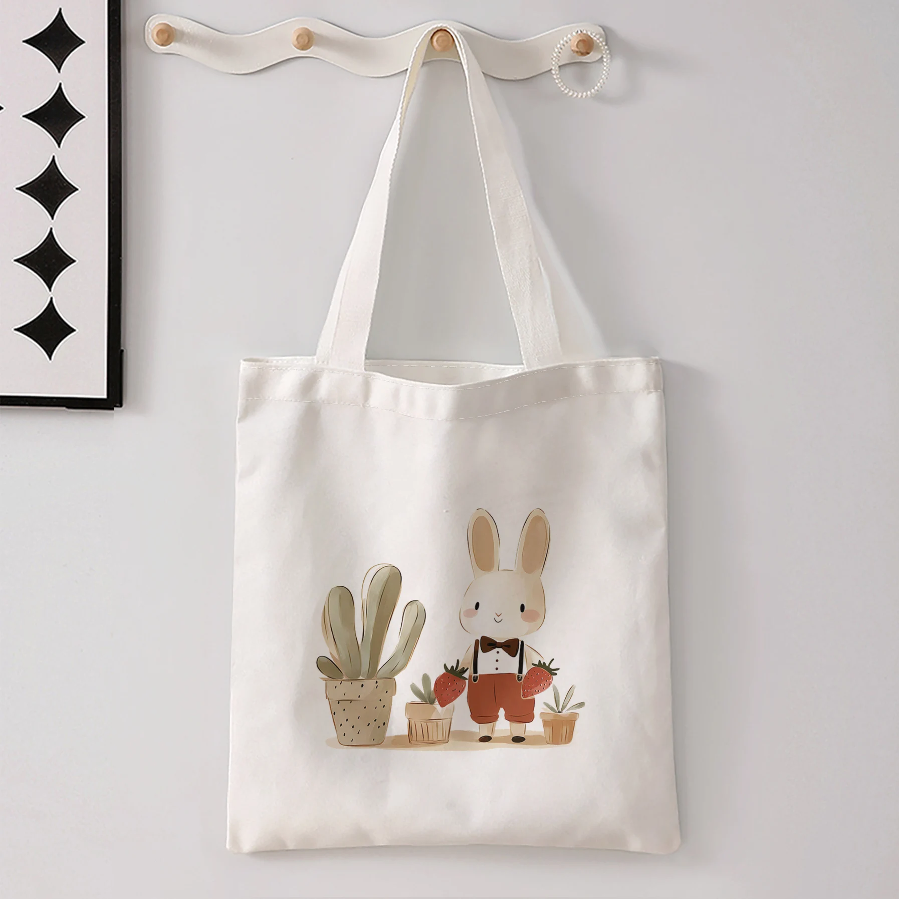Cartoon Bunny With Strawberry And Potted Cactus Print Tote Bag Large Shoulder Handbag For Shopping Daily Commute