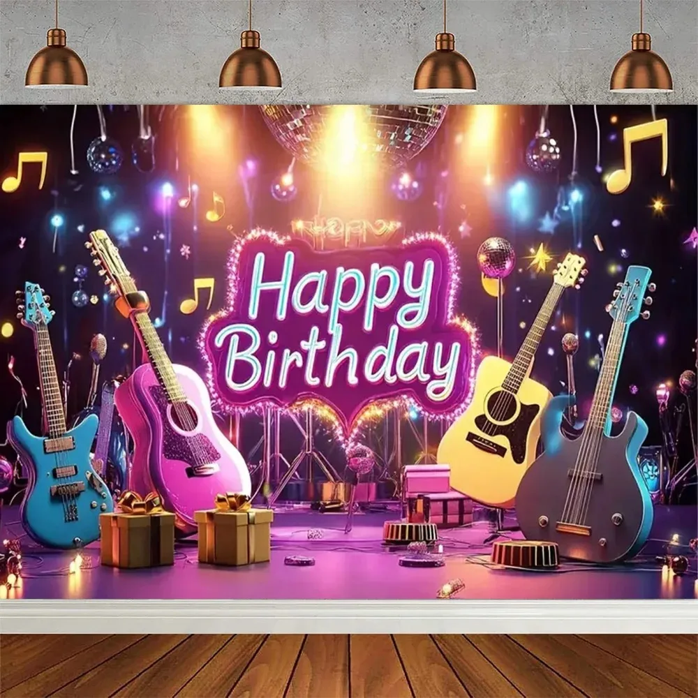 

Rock music guitar drum theme birthday party banner background, dance notes band music stage photography studio background props
