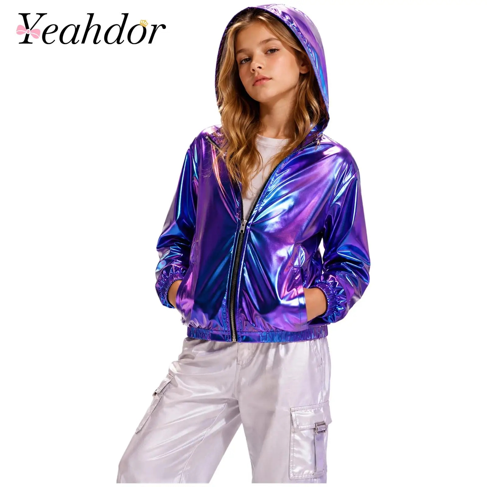 Kids Girls Metallic Hooded Jacket Long Sleeve Zipper Shiny Coat Outerwear for Hip Hop Dance Stage Performance Disco Costume