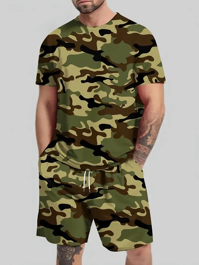 Men's Outdoor Casual Two Piece Camouflage Printed Pattern Round Neck Short Sleeve Shorts Set Comfortable Breathable Mens T-shirt