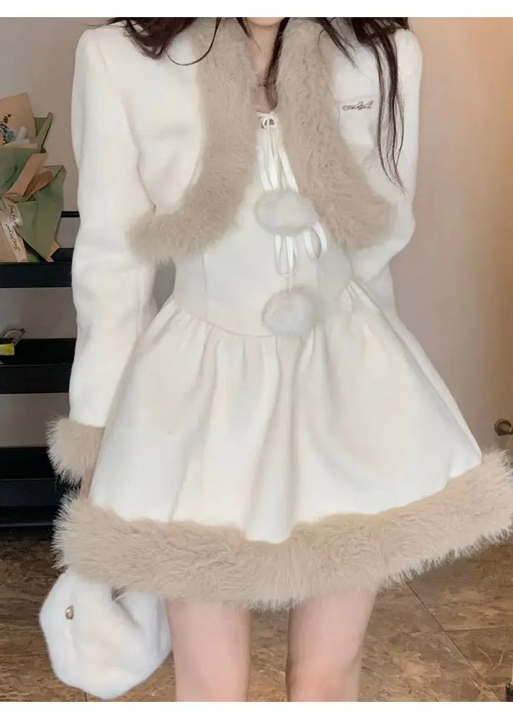 

Korea Two Piece Set Women'S Set Winter New Thickened Warm Long Sleeve Fur Ball Lace Up Short Coat Dress Sweet Pure Gentle