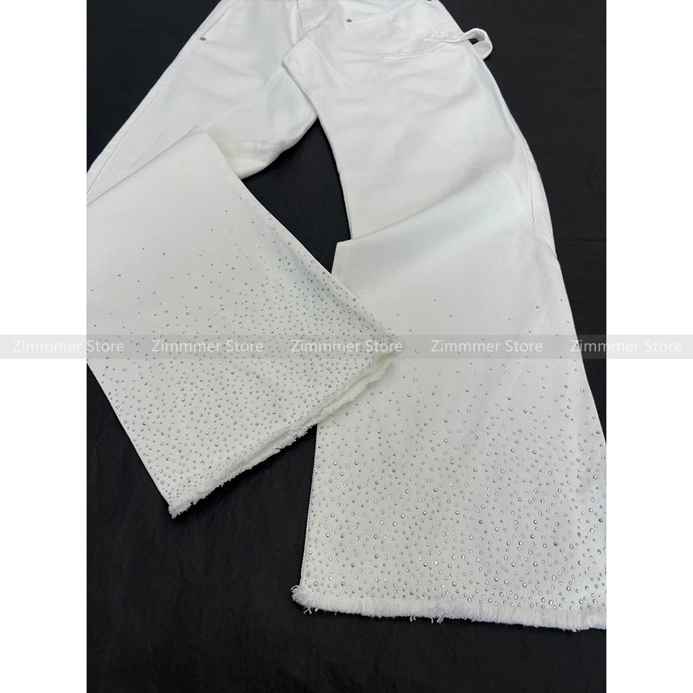 Damskie niszowe spodnie z szerokimi nogawkami High Street Spice Rhinestone Raw Cut White Denim