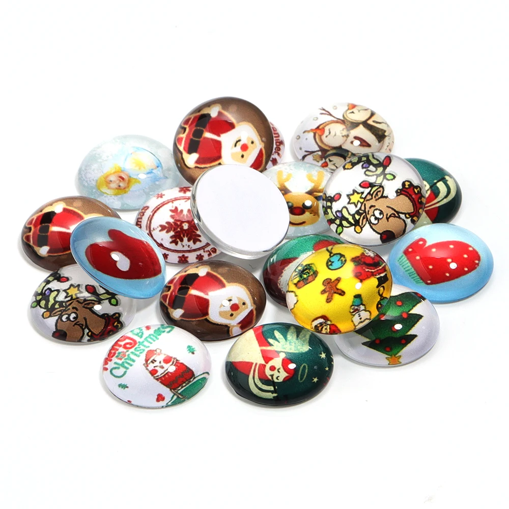 10pcs/Lot Christmas Pattern Glass Cabochon Round Gemstones Beads 6 8 10 12 14 16 18 20 25mm DIY Ring Necklace Jewelry Making