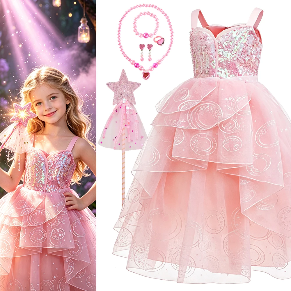 Rosa Guter-Hexen-Kostüm Mädchen Geburtstagskleid Luxuriöses Kinder-Halloween Glinda Cosplay Kostüm – Detail 2