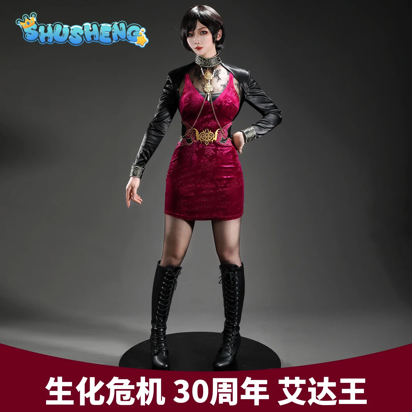 Ada Wong 30th anniversary Resident Evil Game Biohazard Cosplay Costume Halloween women man sexy gold velvet dress shoes suit view 2