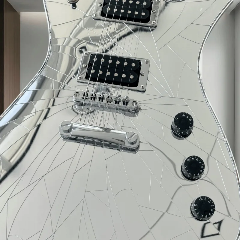 6 String Special Shape Electric Guitar Cracked Mirror Surface HH Humbucker Pickups Fixed Bridge Chrome Hardware Beginner Unisex