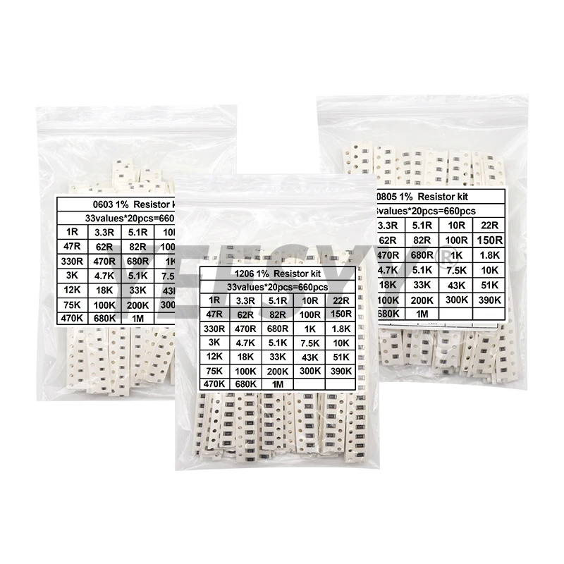 660pcs 200pcs 720pcs 4000pcs  1% 5% 0402 0603 0805 1206 1210 2512 smd resistor kit assorted kit 10k 100k 1k 1r 100r 220r 1% 5%