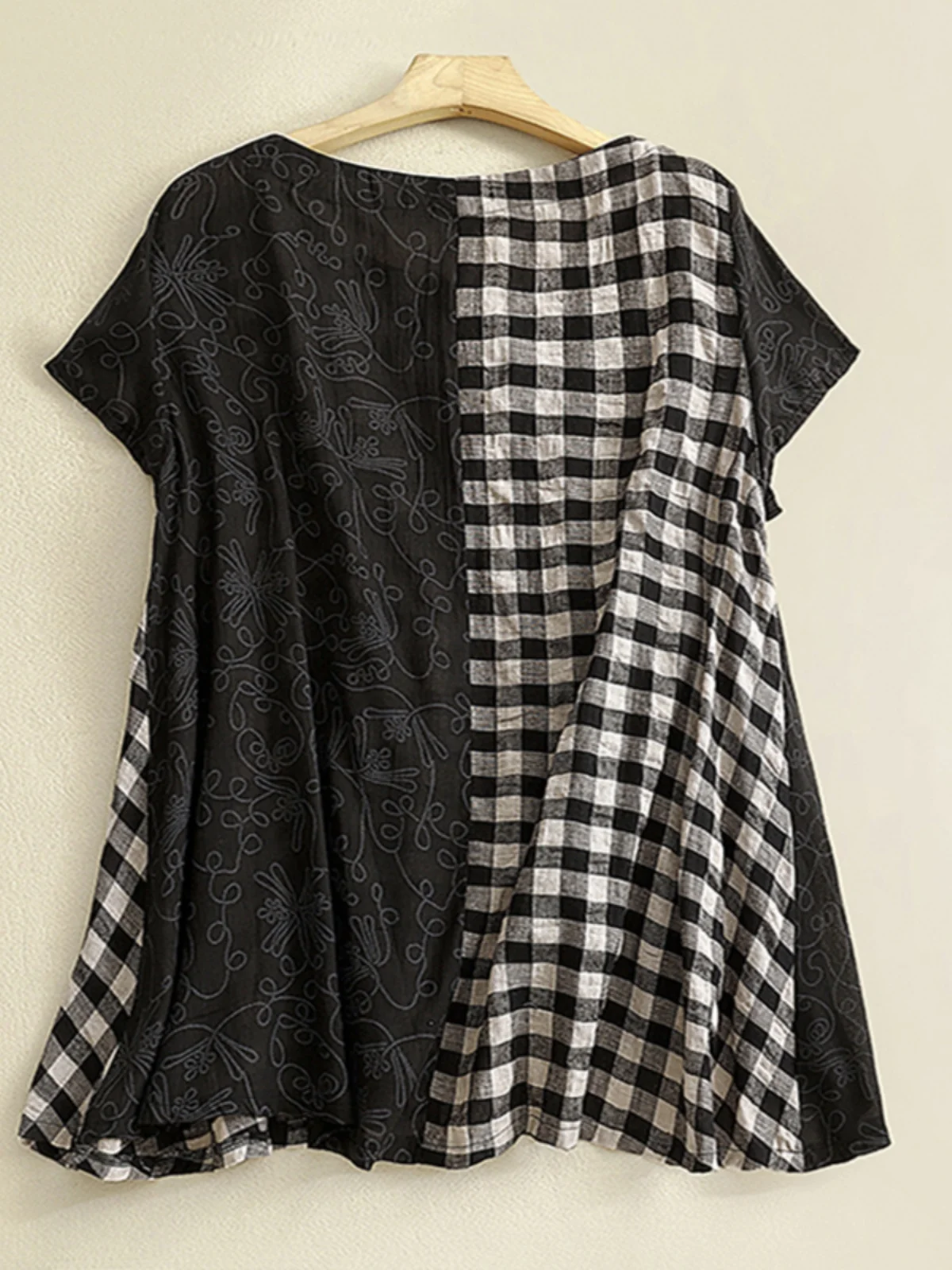 Retro Contrast Color Splicing Cotton Linen ort Sve irt Large Size Women's Faion round Ne Oblique Flap Irregular To...