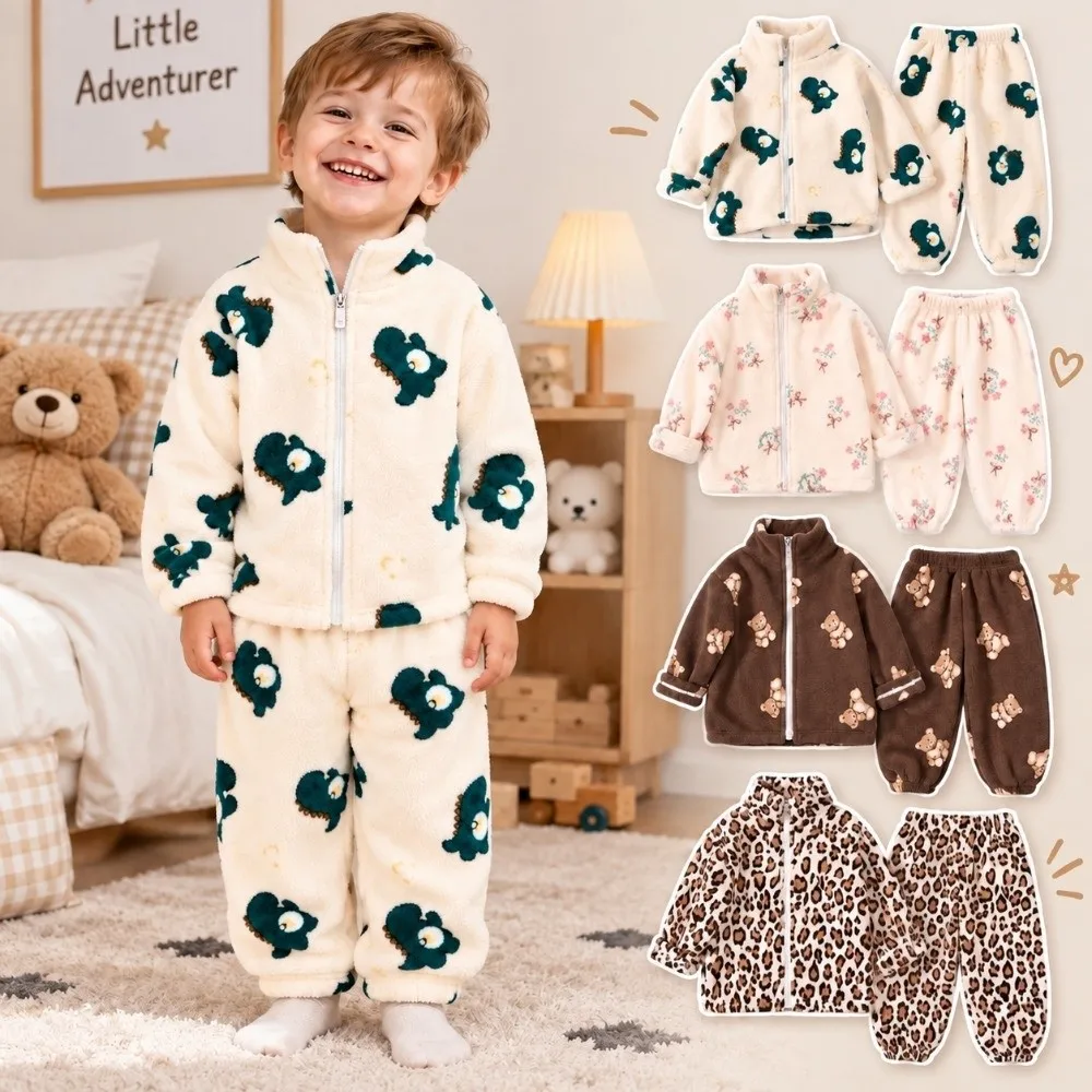 Warm Floral Print Flannel Pajamas Sets Leopard Print Zipper Coat+Pants Zipper Pajamas Sets Casual Warm Homewear Home Wear