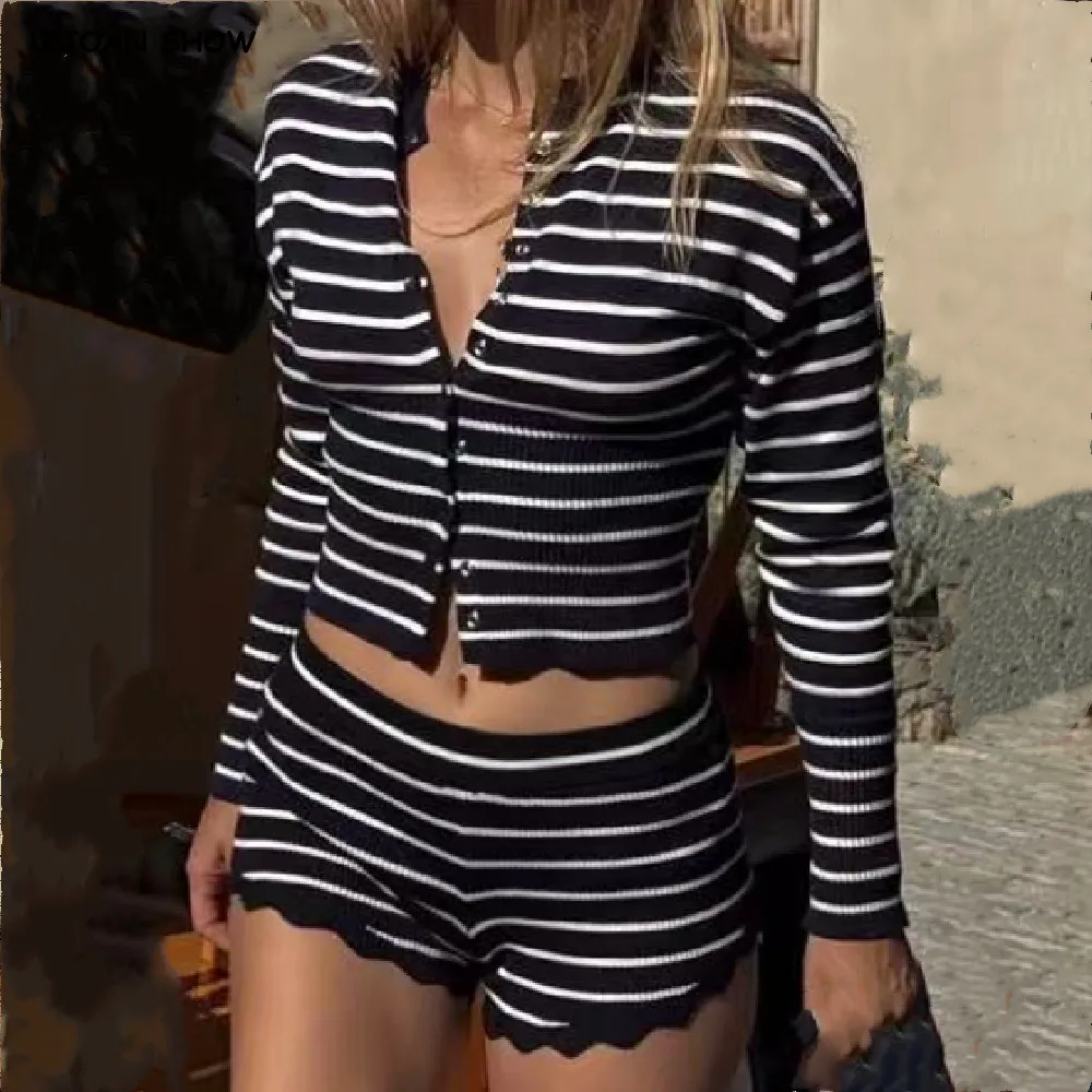 2025 الخريف البحرية الأفقي مخطط سليم الضلع هيم محبوك سترة قصيرة سترة مرونة الخصر السراويل الصغيرة نحيل 2 قطع 1 مجموعة #1