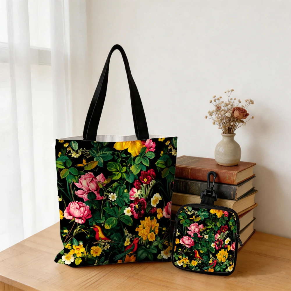 Aesthetic Dark Vintage Floral Bird Print Tote Bag and Coin Purse Combo - Shoulder Bag for Shopping Travel, Floral Themed