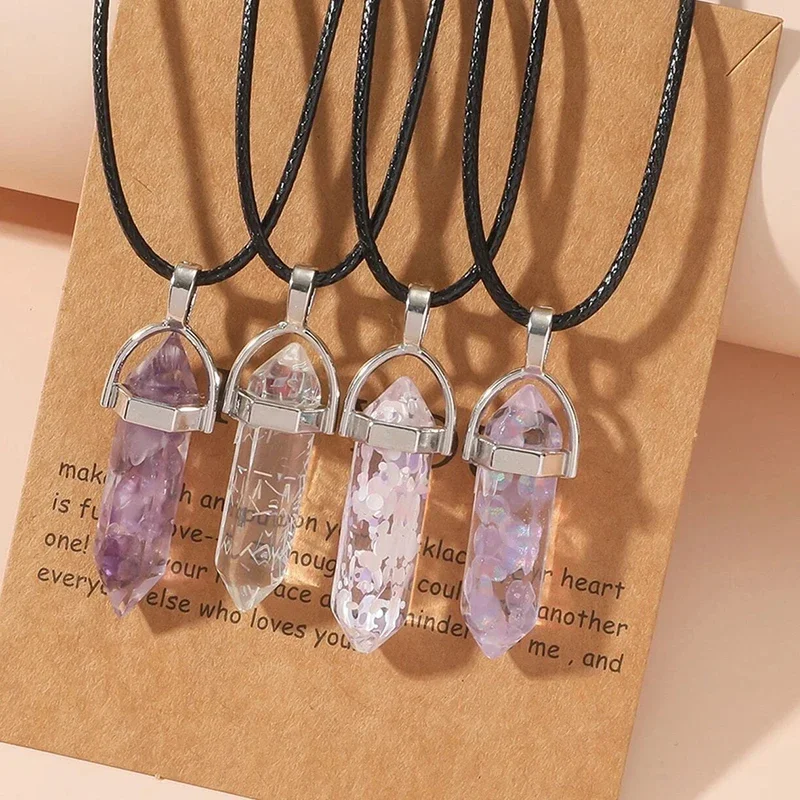 4 PCS Geometric Glass Stone Pendant Necklaces Set Pink Blue Opal Stone Options Charm Black Cord Women Fashion Jewelry Set