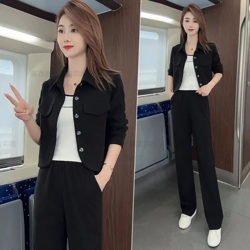 Fashion Wide Pants Casual Clothing Women\'s Suit Spring And Autumn 2024 New Stylish Jacket Straight Leg Trousers 2 Two Piece Set