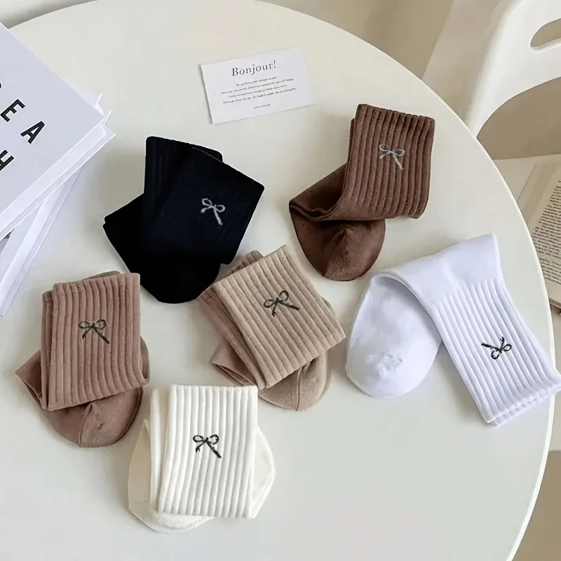 5-Pair Maillard Random Color Bowknot Fashionable,Trendy,Soft,Comfortable,Casual Mid-Calf Socks,Suitable for Daily or Sports Wear