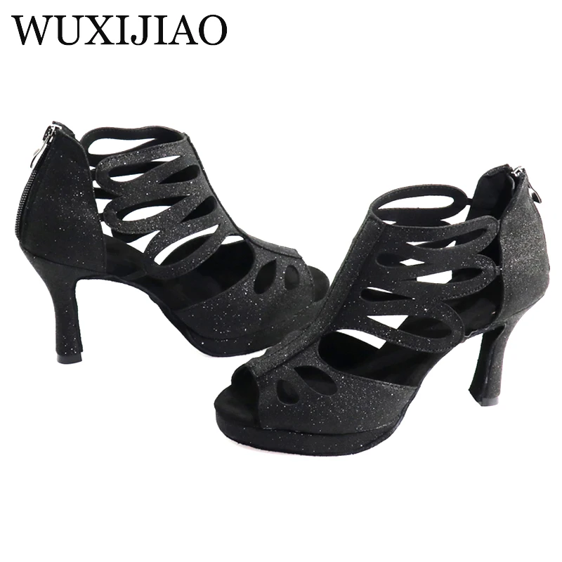 WUXIJIAO New High Top Dance Shoes White Black Glitter Cloth Ladies High Heels Salsa Ballroom Dance Shoes Girls Salsa Dance Shoes