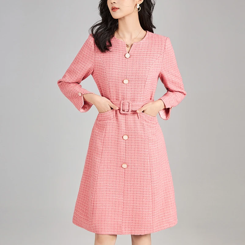 

Spring Autumn Women's Vintage Dress V-neck Long Sleeve Elegant Fashion Dresses For Women Solid A-line Office Lady Tweed Dress