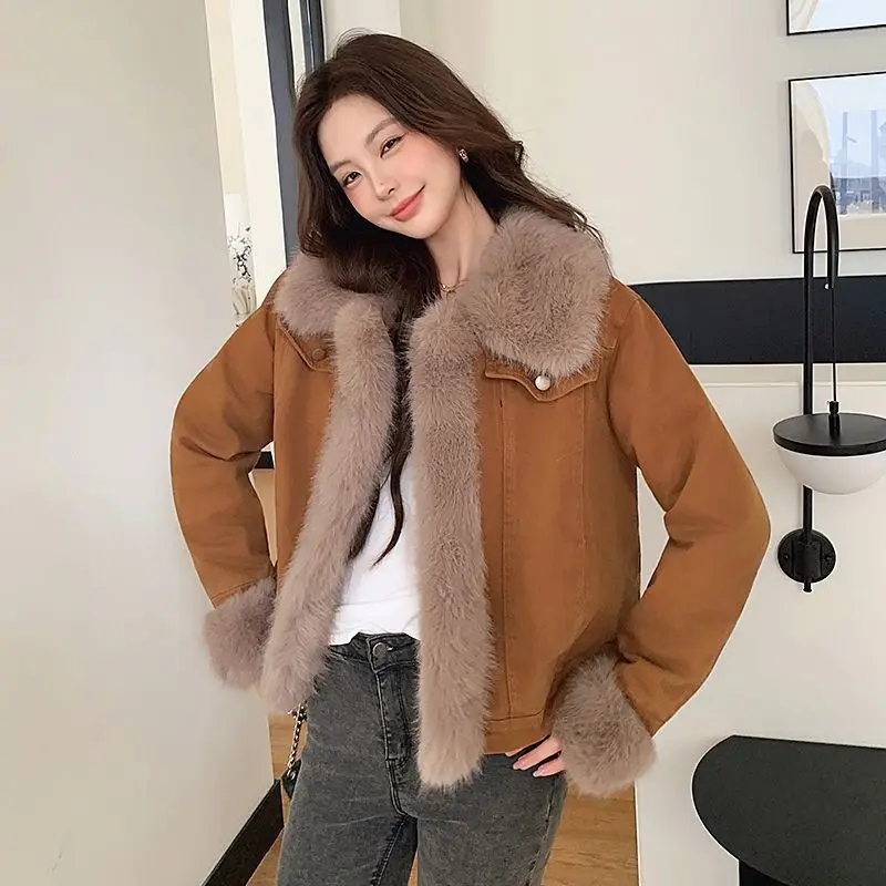 

Denim Coat For Women Long Fur Plush Womens Winter Thicker Raglan Baggy Padding Grunge Festival Outing Hooded Fleece-Lined Jacket
