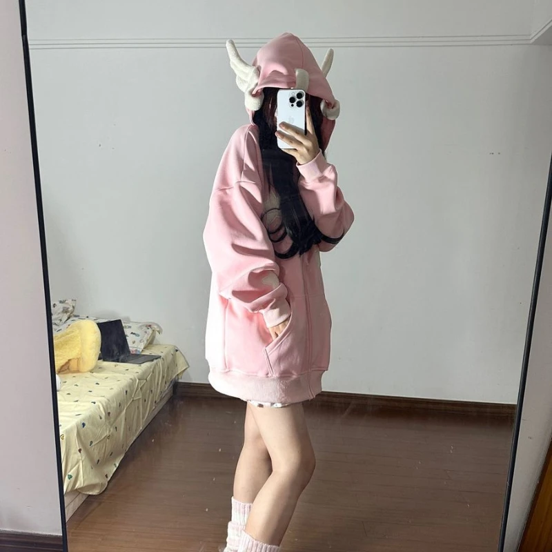 النمط الياباني الدوبامين لطيف نجمة الملاك الجناح المرأة أعلى الخريف والشتاء فضفاضة مقنعين المرأة هوديي نمط الحلو