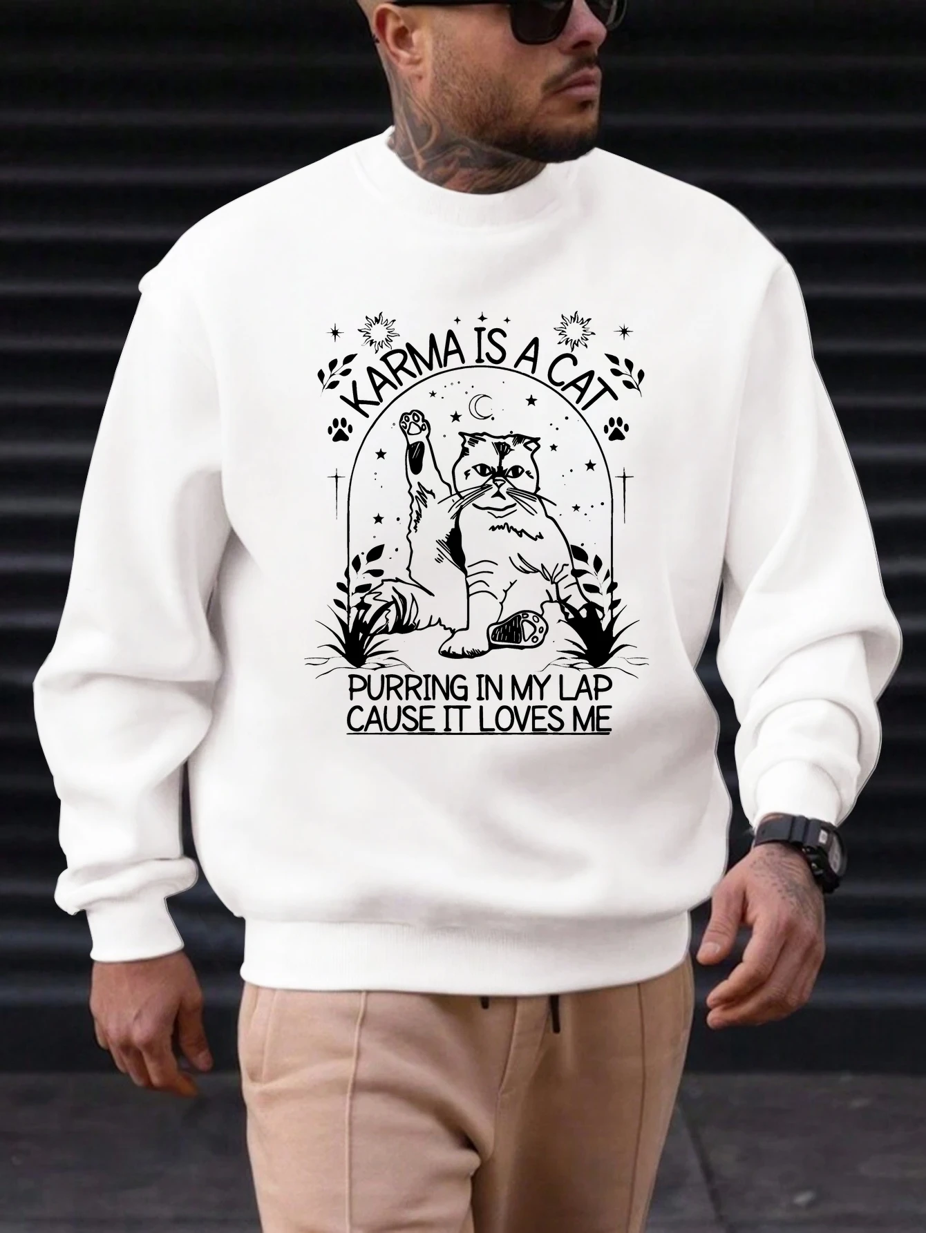 

Men's Cotton Crewneck Sweatshirt KARMA IS A CAT Graphic Print 2025 New Trending Fashion Casual High Quality Top Clothing