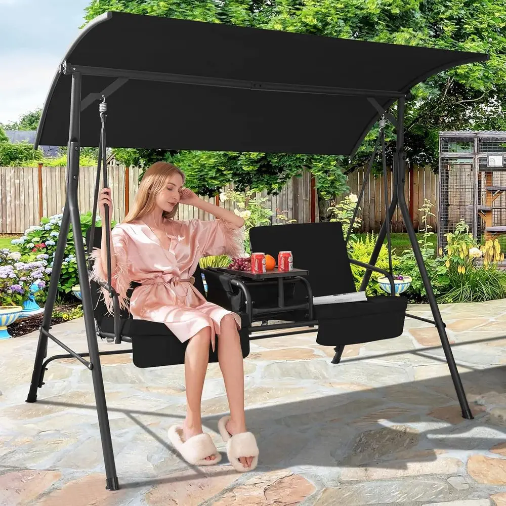 2 Person Porch Swing, Outdoor Patio Swing with Storage Table, 6 Gal Cooler Bag, 2 Cup Holders, Removable Cushions, Swing Poolsid