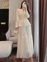 2024 Autumn New Skirt Suit Women Elegant Korean Lace-Up Fashion Blazer + Long Mesh Skirt Casual Evening Party 2-Piece Set