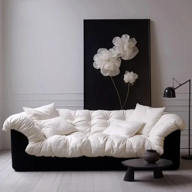 Light French retro cream style camellia straight black and white medium antique wabi sabi sized cloud down sofa