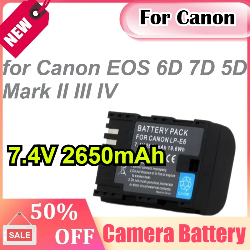 Batería de 7.4V 2650mAh para Canon LP-E6 para Cámaras Canon EOS 6D 7D 5D Mark II III IV