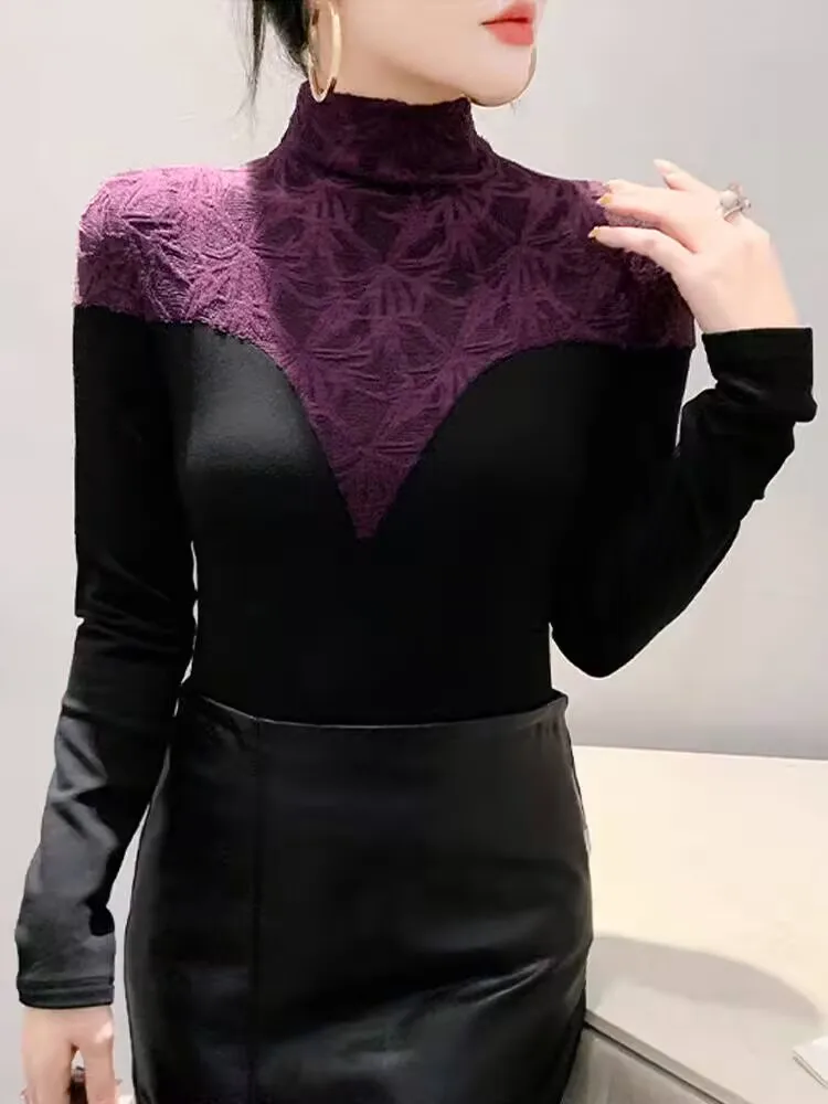 여성용 스플라이싱 풀오버 티셔츠, 터틀넥, 면, 슬림 플레어 슬리브, 보터밍, 스위트 S-4XL, 가을, 겨울