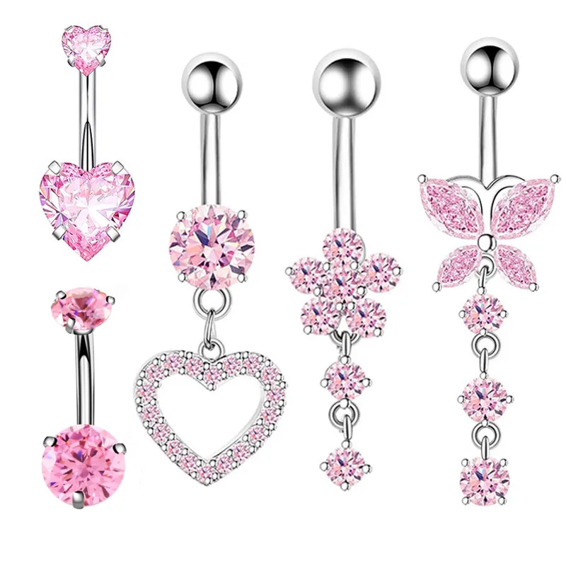 Pink Flower Belly Button Rings Set Women Blue Crystal Belly Piercing Bulk Heart Navel Barbell Jewelry Pack Piercing Ombligo Lote