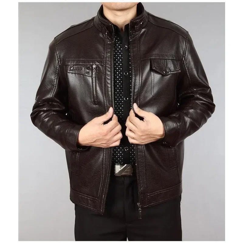 Autumn Winter Men Leather Jacket Fleece Warm Retro Business Casual PU Leather Coat Zipper Long Sleeve Windproof Outerwear New