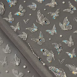 5D Shell Light Nail Sticker Charms Dynamic Butterfly with Pearls Emboss Butterly Nail Decal Sticker for Manicure DIY Slider
