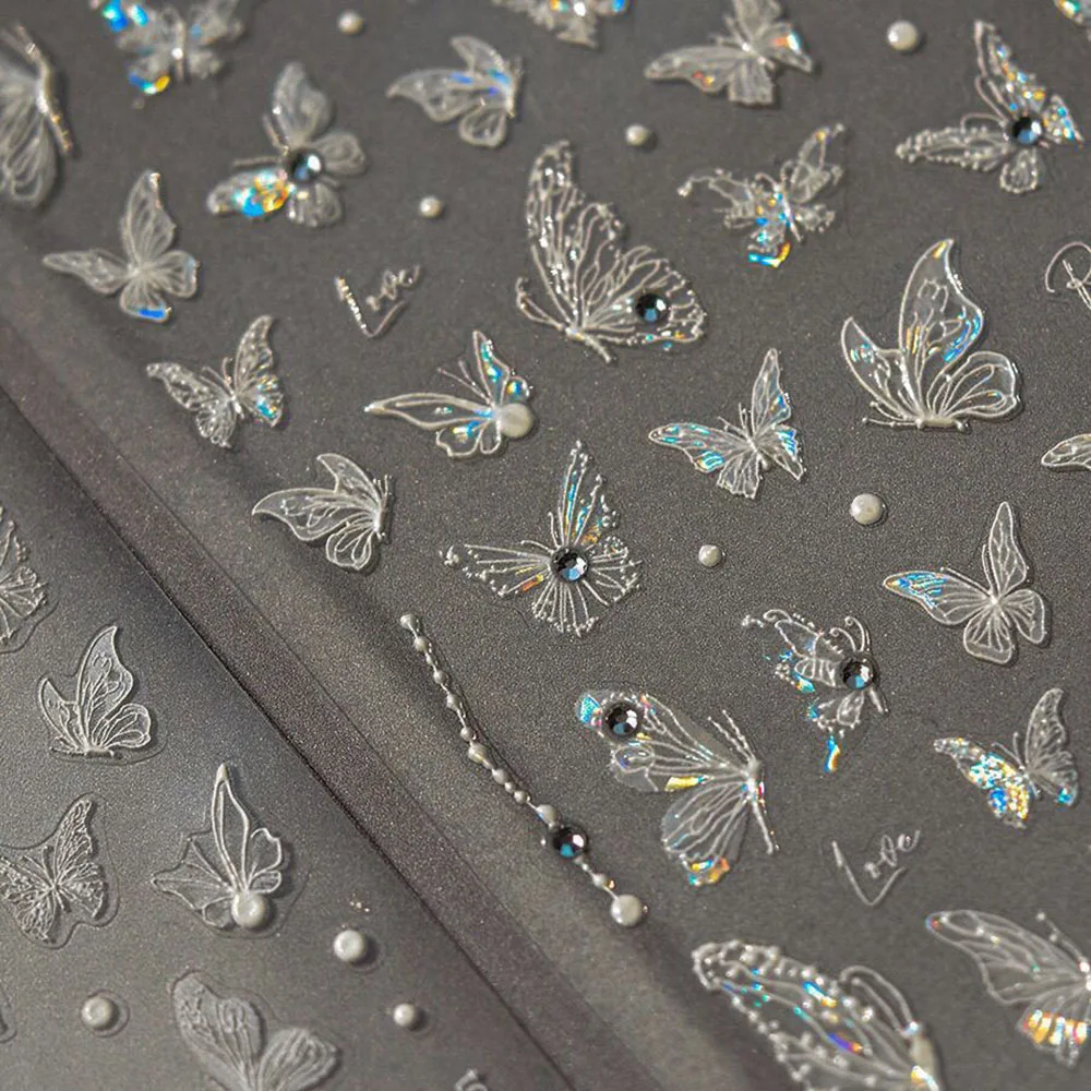 매니큐어 DIY 슬라이더용 5D 쉘 라이트 네일 스티커, 진주 엠보싱, 다이나믹 나비, 네일 데칼, 매력 