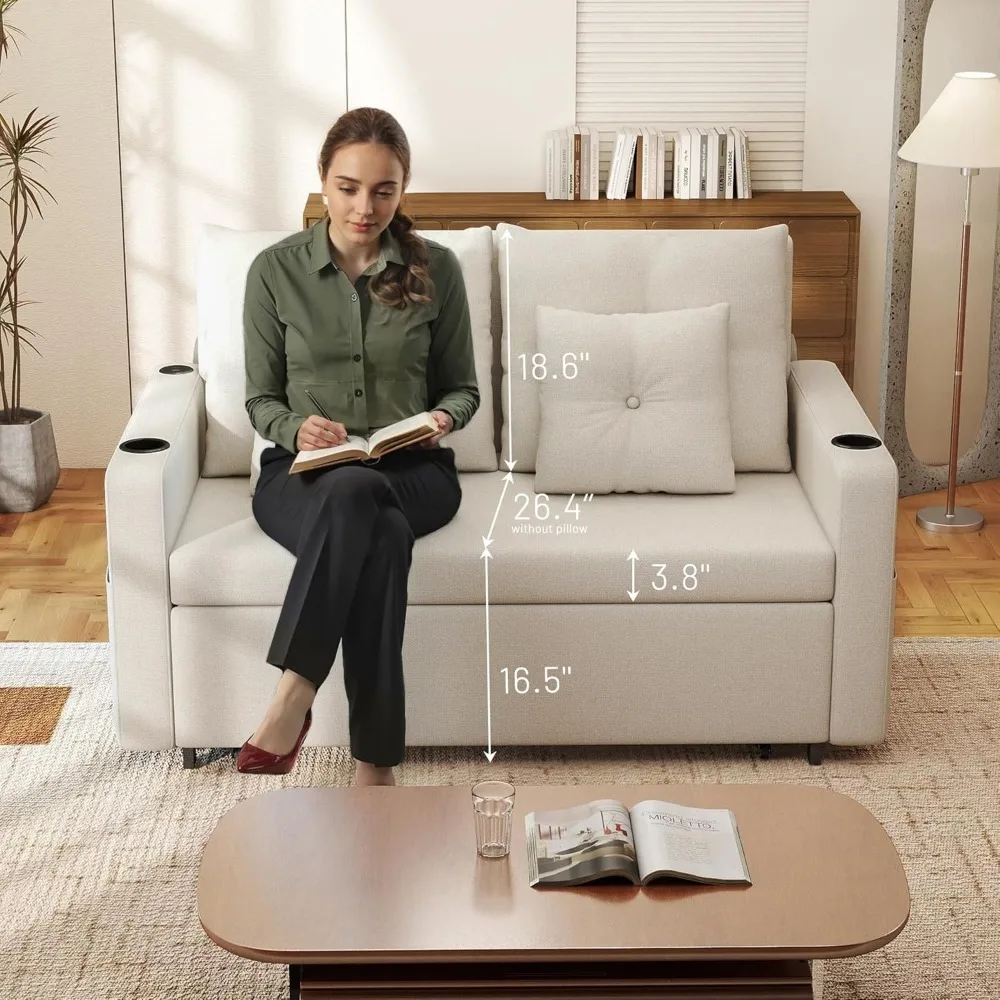 أريكة قابلة للسحب 3 في 1، سرير أريكة قابل للتحويل مقاس 56 بوصة، مقعد مع حاملات أكواب، جيوب تخزين، USB، أرائك أريكة لـ L