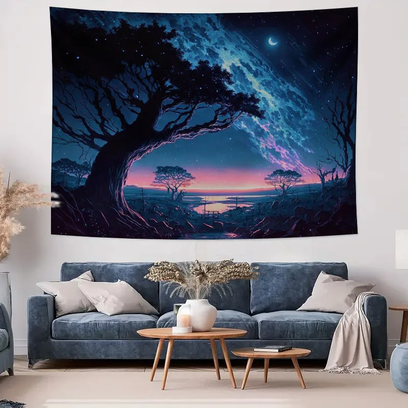 نسيج حائط مذهل مع شجرة كونية وديكور منزلي ليلي مرصع بالنجوم لغرفة المعيشة أو غرفة النوم مقاس كبير جدًا (80 × 60 بوصة) #4