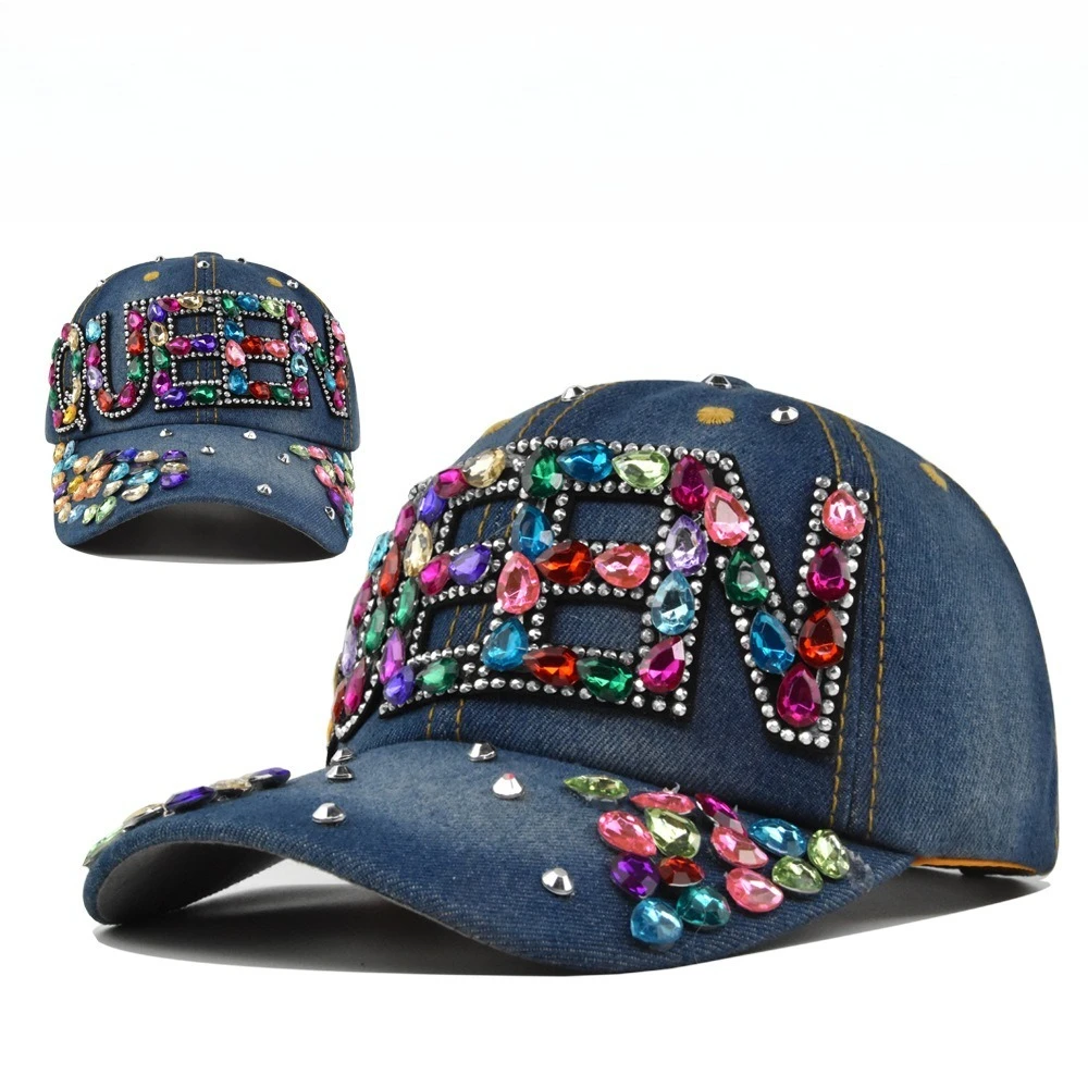 

Queen Rhinestone Denim Baseball Caps Breathable Adjustable Snapback Fashion Summer Hat Women Sparkle Visor Street Fashion