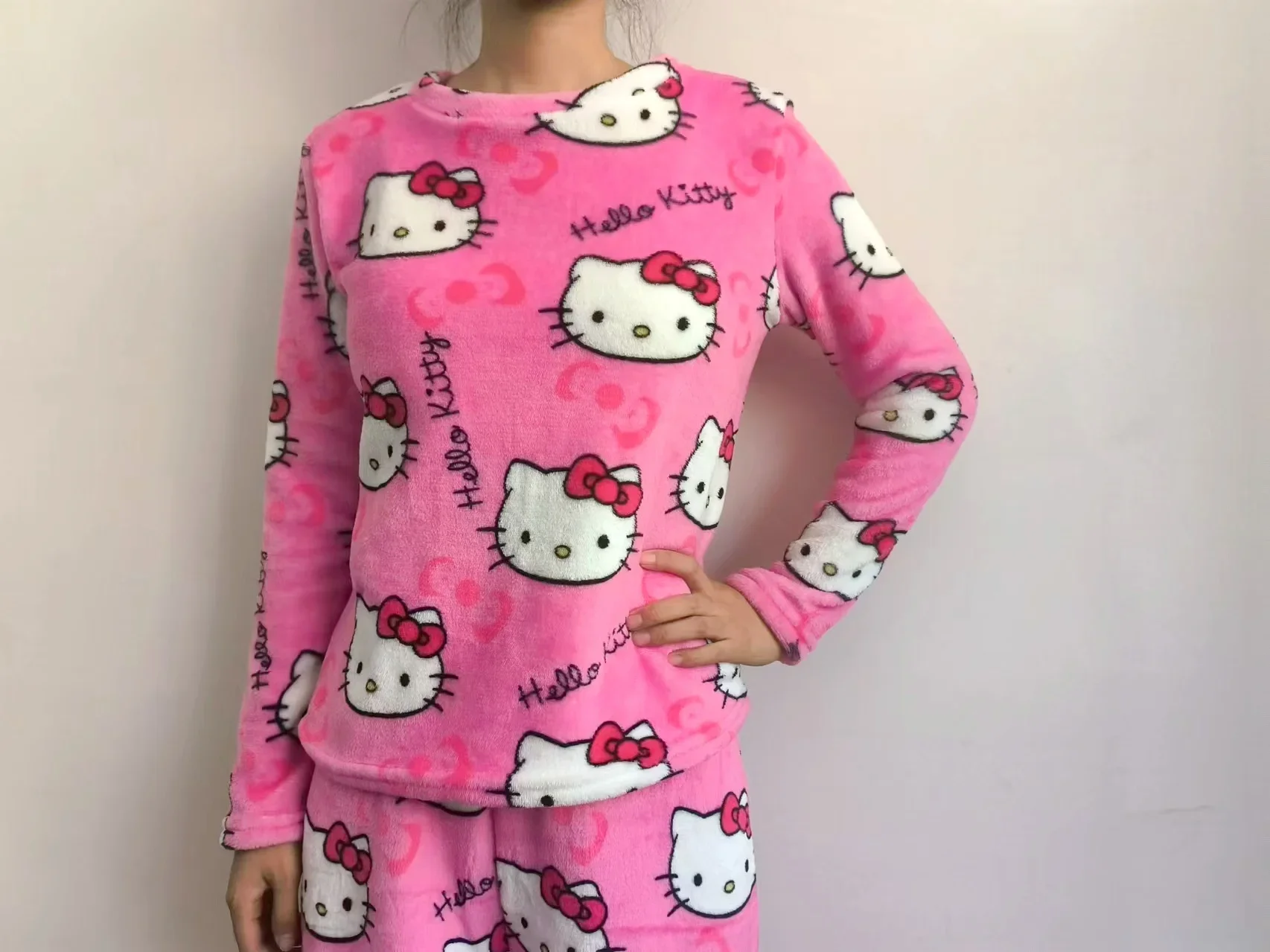 Hello Kitty zestaw piżam Sanrio spodnie od piżamy kurtka Anime polar podwójna elastyczna tkanina miękkie spodnie kobiety kreskówka prezent urodzinowy