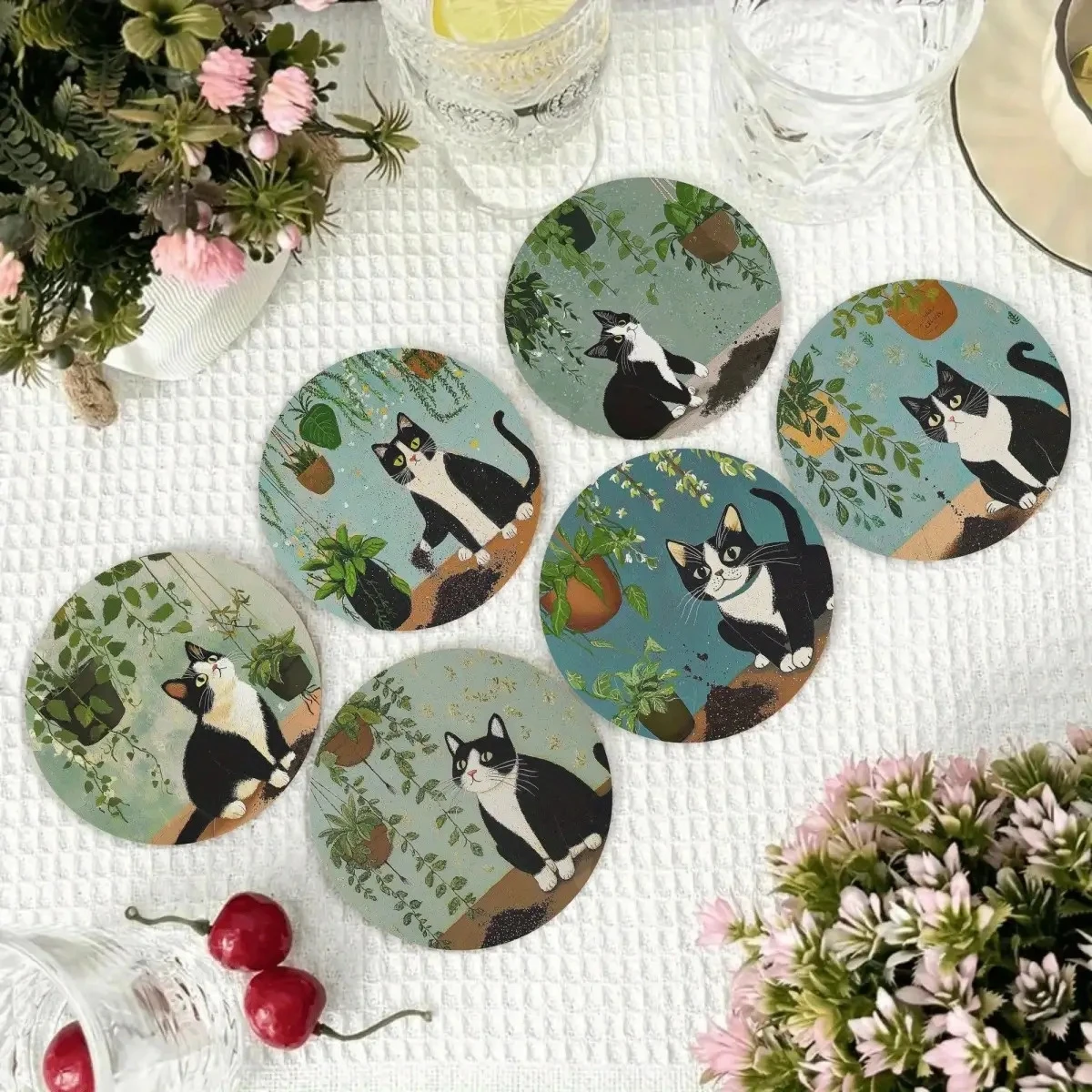 2D Cartoon Cow Cat Green Spider Plant Wooden Coaster - Round Tabletop Decoration Gift for Cat Lovers Home Decor
