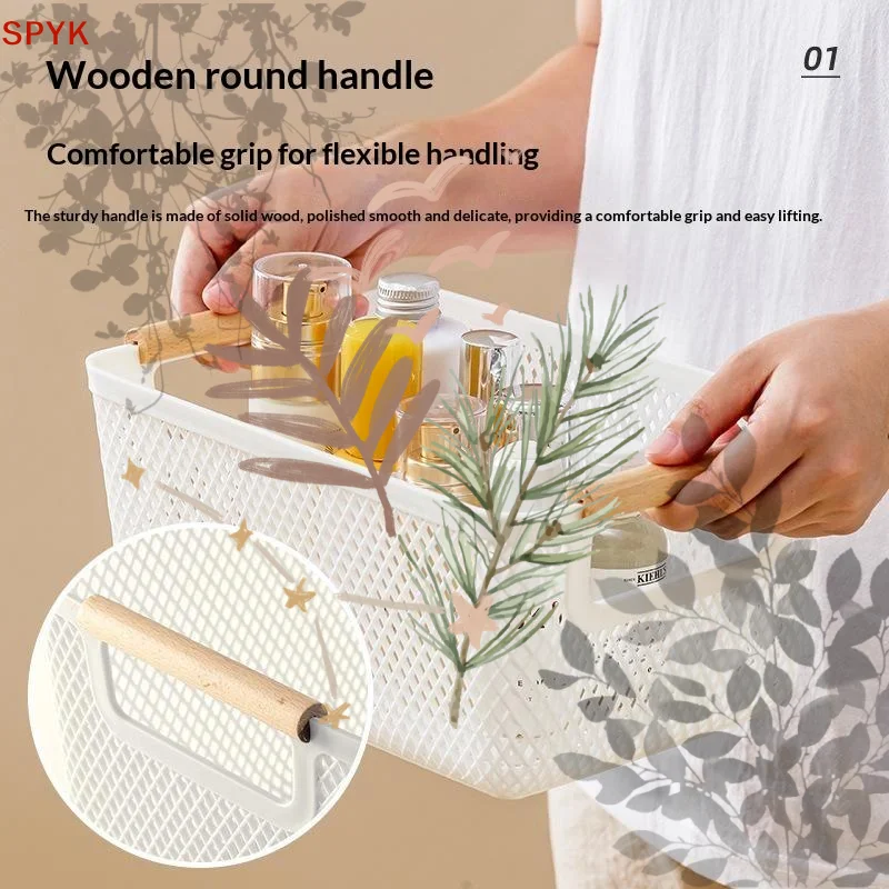 Plastic Storage Baskets With Wooden Handles Space Saving For Kitchen Bathroom Pantry Organization Minimalist Design