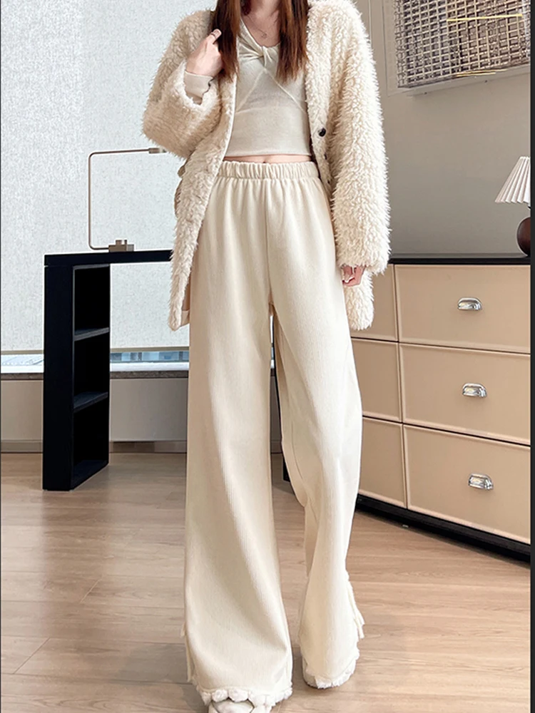 Corduroy micro flare pants women's autumn and winter plush warmsuper nice cute rabbit hair ball causal versatile pants