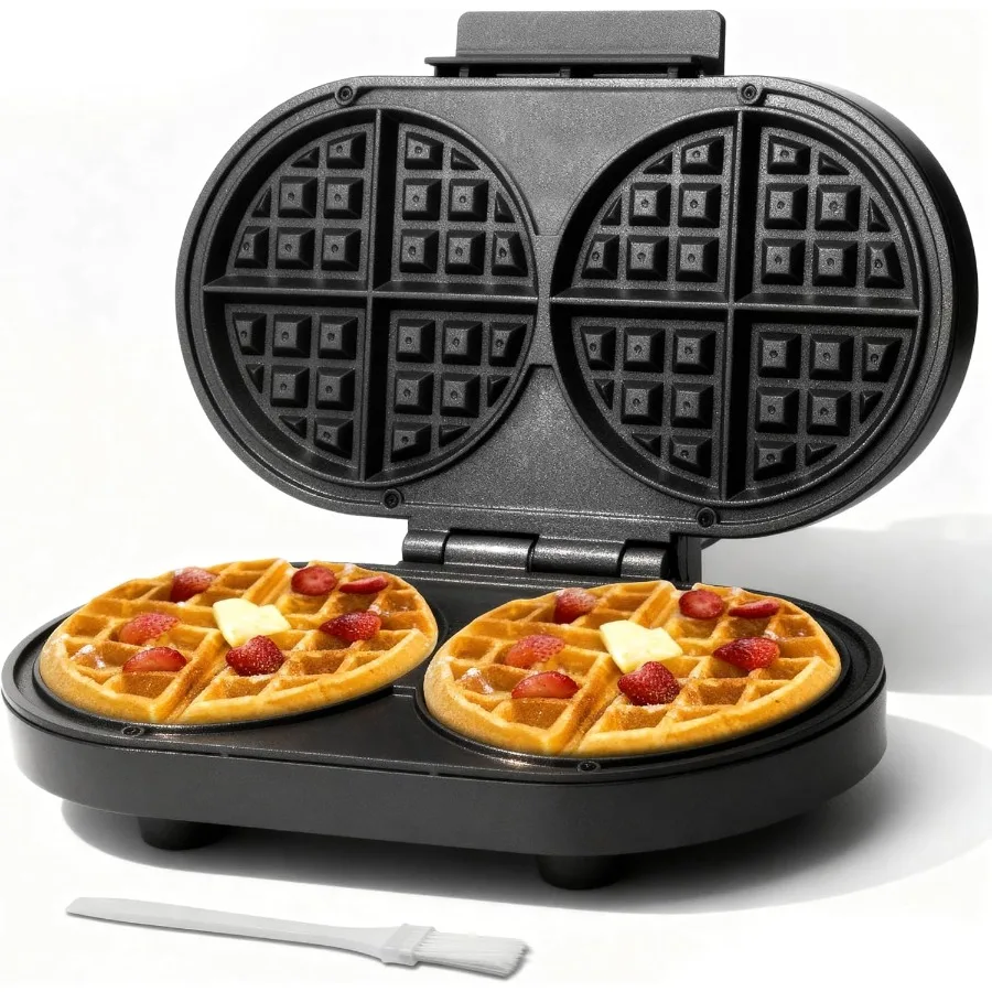 Double Belgian Waffle Maker Thick 2 x 6 Round Electric Waffle Iron with Non-stick Plates 1200W Graphite Perfect for Family Brea