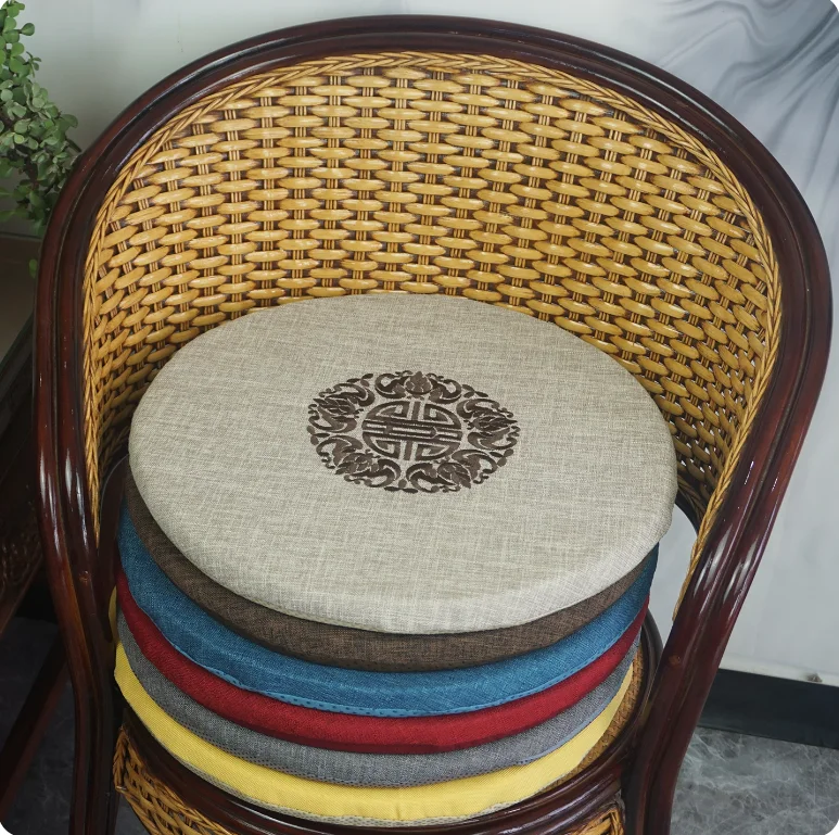 Chinese Style Round Chair Cushion Linen Embroidery Foam Seat Pad Non Slip Washable Cushion For Rattan Chair Mahogany Tea Chair