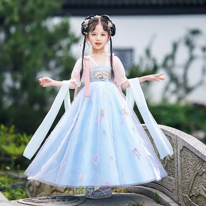 Mädchen Folk Dance Performance Traditionelle Blau Kleid Alten Chinesischen Kostüm Kinder Fee Hanfu Kleidung