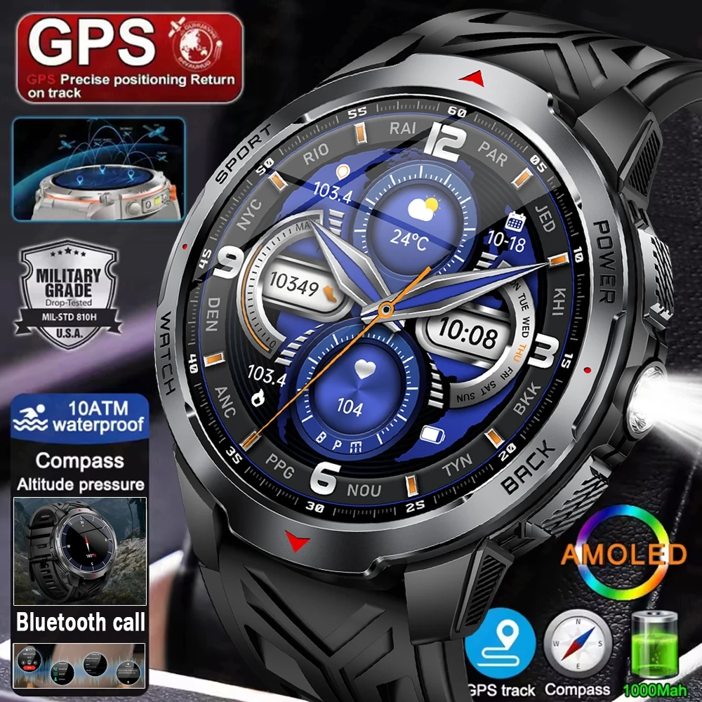 Outdoor GPS Positioning Men's Smart Watch 1100 mAh Battery 3ATM Waterproof Compass Health Monitoring Bluetooth Call Smartwatches