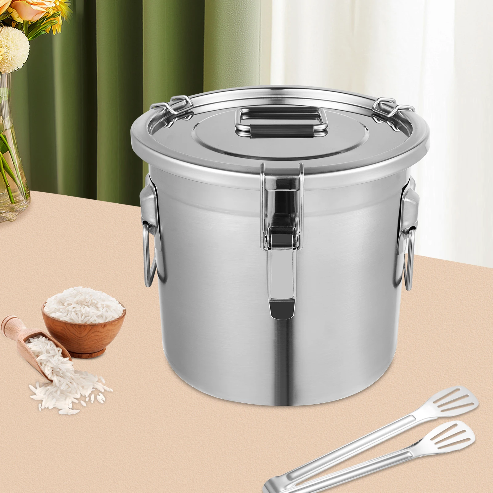 

12L/3.17gal Food-Grade 304 Stainless Steel Rice Bucket 3-Buckle Cereal Bean Storage Dispenser Bucket Silver