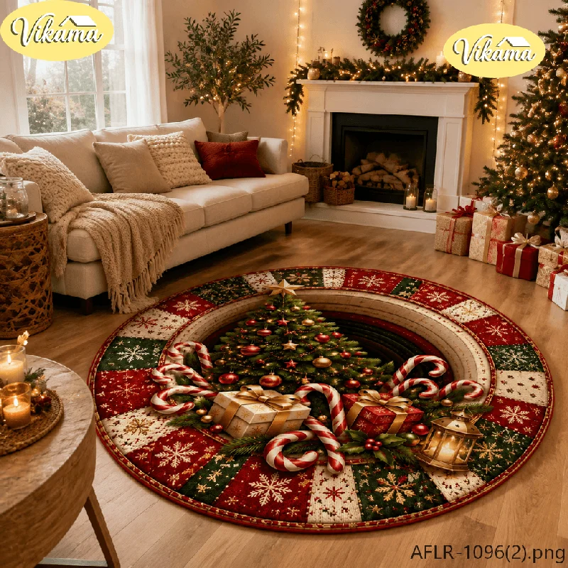 VIKAMA Round Christmas Rug Snowman Red Umbrella Tree Print, Soft Plush Flannel Non-Slip Mat for Living Room Decor