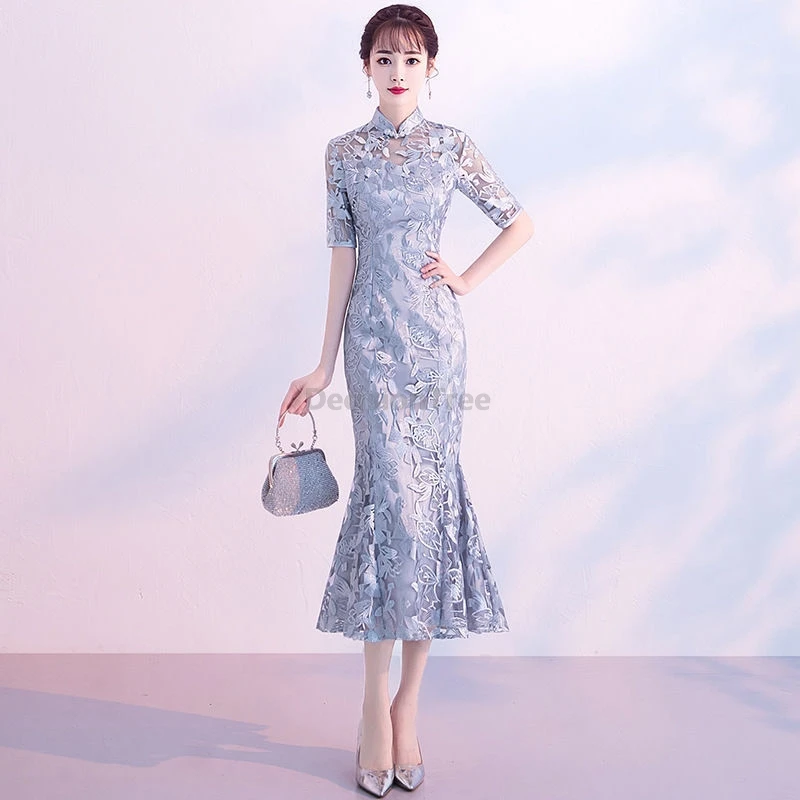

2025 fashionable improved show stage chinese qipao vintage lace high end party qipao elegant literature art ceremonial dress
