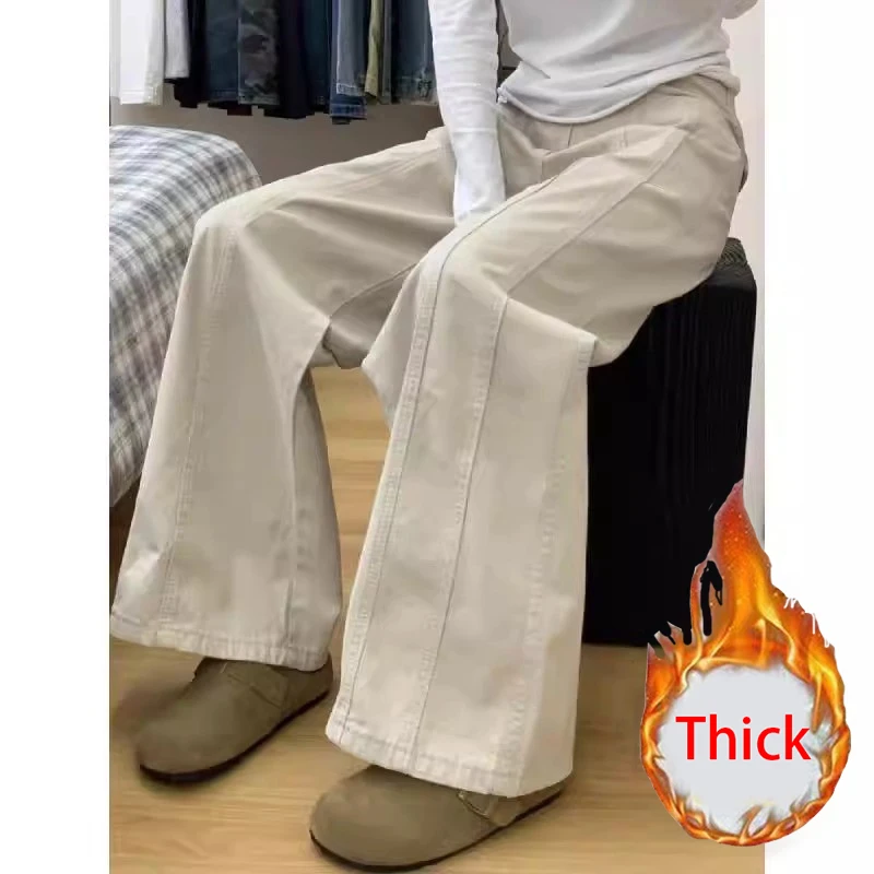 Casual High Waist Denim Pants Women Solid Loose Wide Leg Cargo Pants Fall Winter Warm All Match Office Lady Straight Trouser New