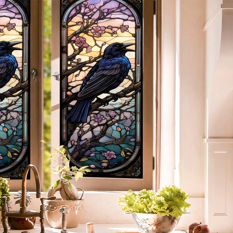 Stained Halloween Crow Colored Glass Film Electrostatic PVC Privacy Window Film Party Window Decor Window Stickers